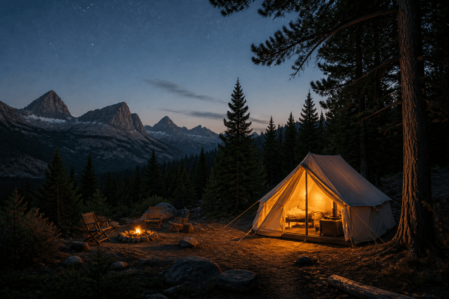 Tent glowing at dusk in a pine forest clearing