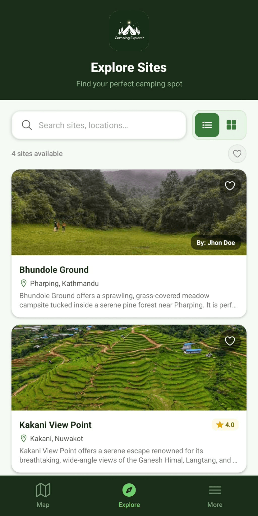 Explore screen in Camping Explorer