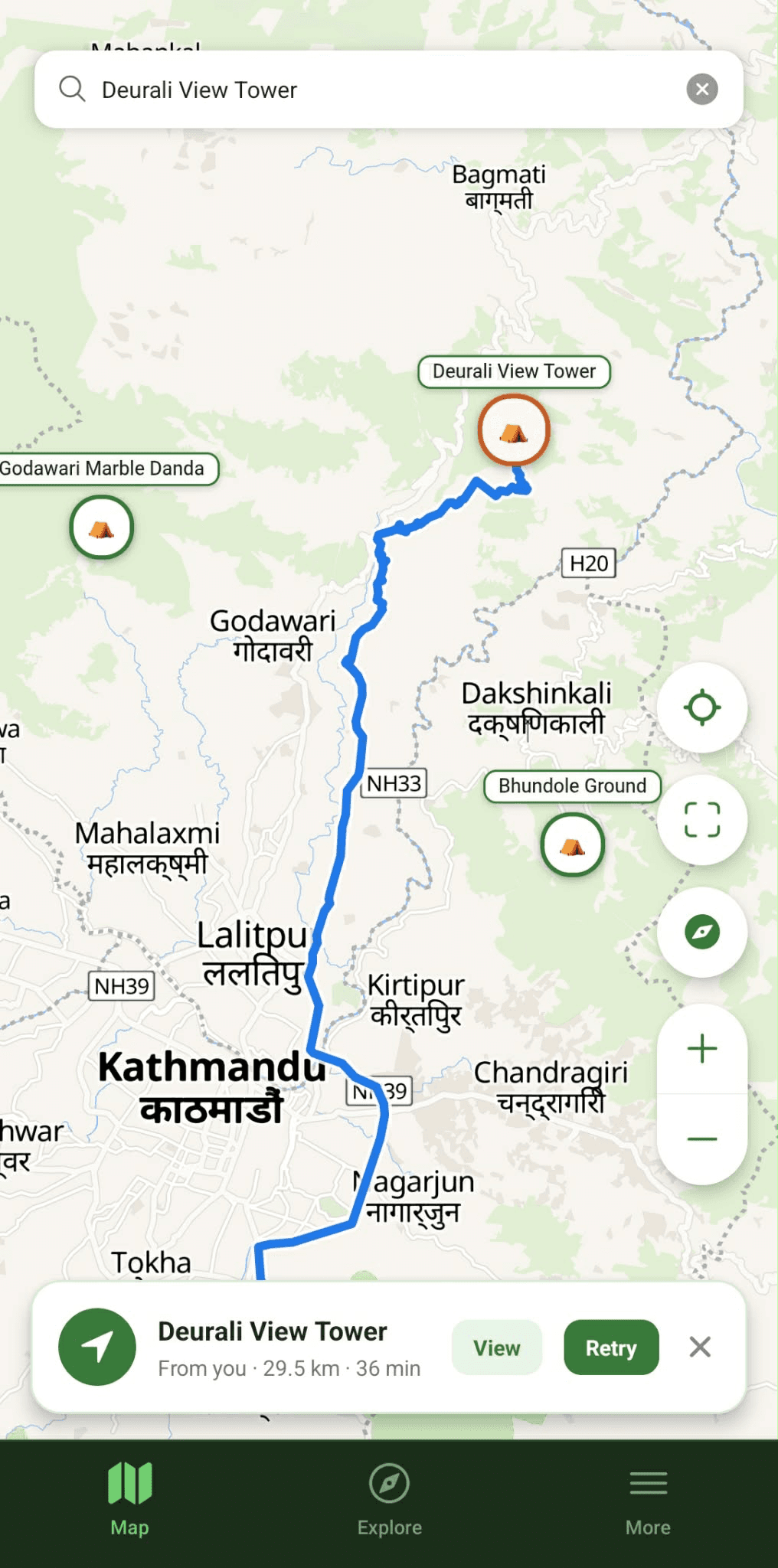Map routes screen in Camping Explorer
