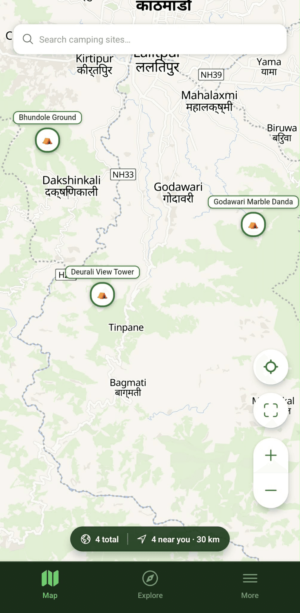 Map screen in Camping Explorer