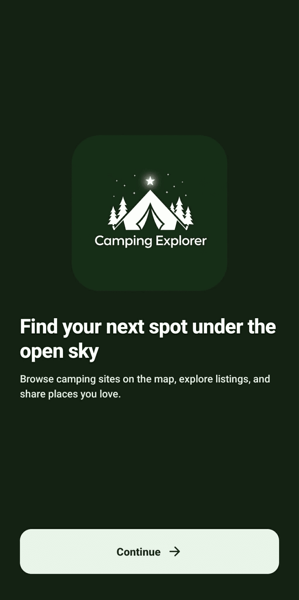 Camping Explorer welcome screen